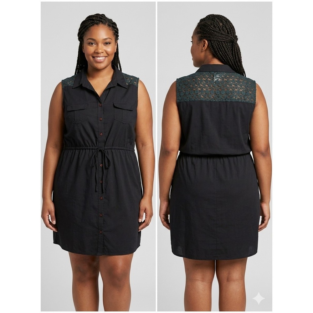 Truth NYC  1X Sleeveless Black Utility Dress  Drawstring Waist Crochet Accent